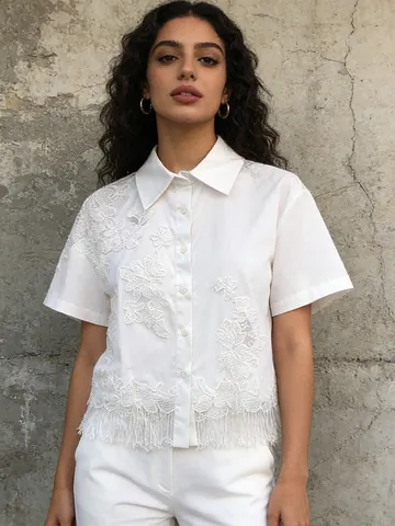 Blusa Corta para Mujer Dulce Fresca Calada de Encaje Manga Corta Camisa Rayada con Botones