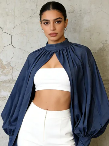 Dames Vintage Staande Kraag Pofmouwen Geplooid Cape Jas Losse Effen Kleur Shirt Top Bovenkleding Voor Streetstyle