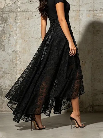 Gonna Lunga da Donna Gothic Vintage in Pizzo Jacquard Mesh a Vita Alta Allacciata con Orlo Ampio High-low a Linea