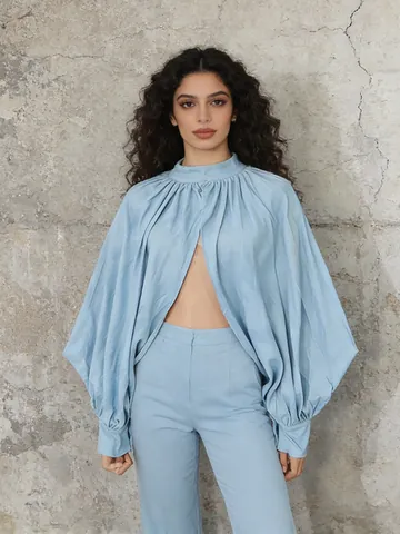 Dames Vintage Staande Kraag Pofmouwen Geplooid Cape Jas Losse Effen Kleur Shirt Top Bovenkleding Voor Streetstyle