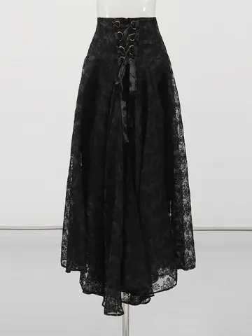 Gonna Lunga da Donna Gothic Vintage in Pizzo Jacquard Mesh a Vita Alta Allacciata con Orlo Ampio High-low a Linea