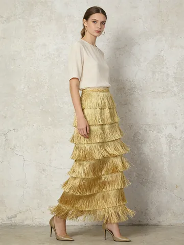 Women's European Fashion Tiered Fringe Splicing Maxi Skirt High Waist Tassel Solid Color Streetwear Party Long Skirt
