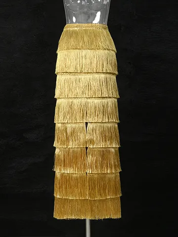 Women's European Fashion Tiered Fringe Splicing Maxi Skirt High Waist Tassel Solid Color Streetwear Party Long Skirt