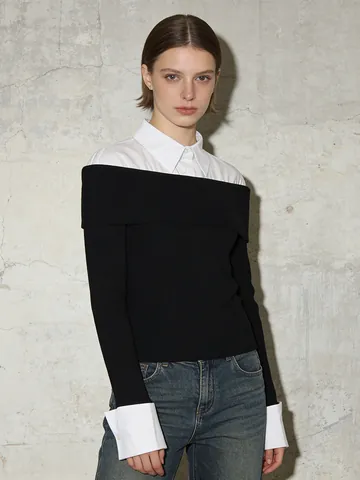 Women Elegant Casual Fake Two-Piece Knit Top Contrast Color Patchwork Shirt Collar Sweater Slim Pullover Long Sleeve Top