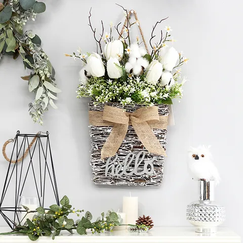 Farmhouse Artificial Flower Wall Hanging Basket Plastic Tulip Rose Wreath With Hello Sign Linen Bow Home Wedding Decor