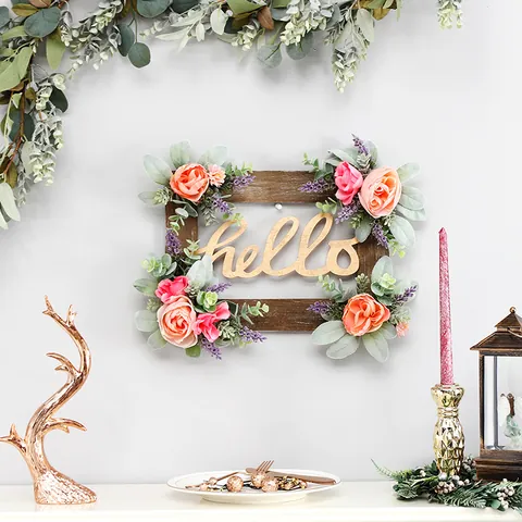 Pastoral Wooden Frame Floral Wall Hanging Hello Letter Artificial Rose Lavender Eucalyptus Home Wedding Decor MDF Craft