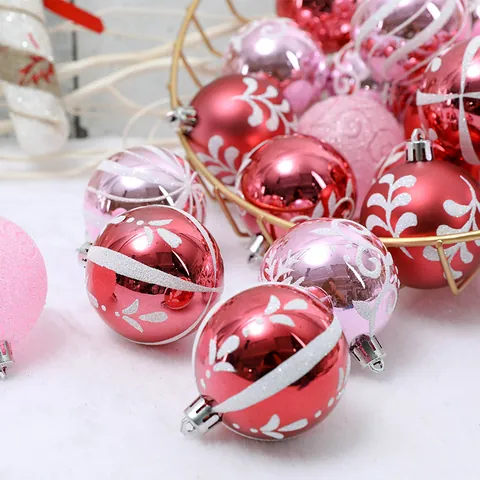 Juego de Bolas de Navidad Pintadas Adornos de Plástico con Purpurina para Árbol de Navidad Colgantes para Decoración de Fiestas en el Hogar Rosa Rojo
