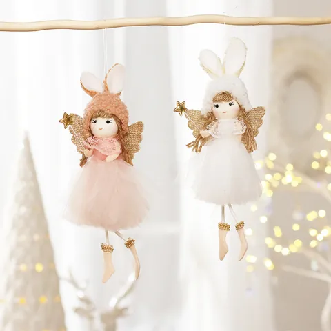 Organza Plush Christmas Angel Girl Doll Pendant Hanging Ornament With Sequin Wings Star Wand For Christmas Tree Home Decor