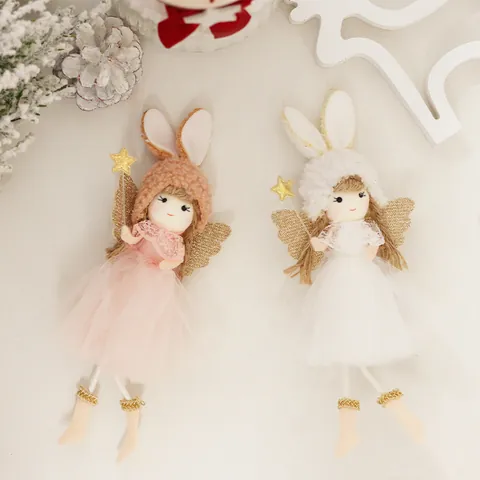 Organza Plush Christmas Angel Girl Doll Pendant Hanging Ornament With Sequin Wings Star Wand For Christmas Tree Home Decor