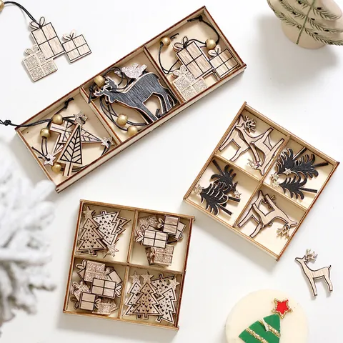 Christmas Wooden Ornaments Set Reindeer Tree Snowflake Hanging Decoration For Home Party Xmas Decor DIY Craft Wood Pendant