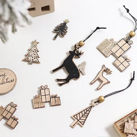 Christmas Wooden Ornaments Set Reindeer Tree Snowflake Hanging Decoration For Home Party Xmas Decor DIY Craft Wood Pendant