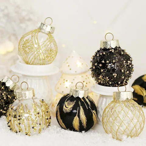 Black Gold Christmas Tree Ornaments PET Painted Decoration Balls Glitter Snowflake Feather Pattern Elegant Holiday Hanging