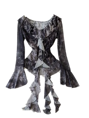 T-Shirt da Donna American Retro Tie Dye Scollo a V con Volant Maniche a Campana Slim Fit Stampa di Giornale Orlo Irregolare Top Corto