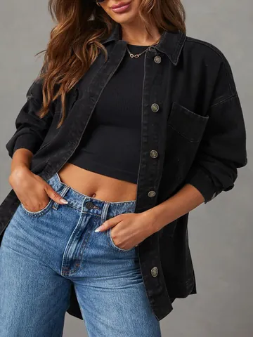 Women's Oversized Boyfriend Denim Jacket Cotton Blend Long Sleeve Button Up Slit Hem Distressed Jean Coat Outerwear
