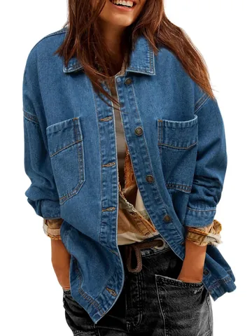 Women's Oversized Boyfriend Denim Jacket Cotton Blend Long Sleeve Button Up Slit Hem Distressed Jean Coat Outerwear