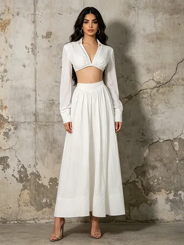 Women's Sexy White Two Piece Set Deep V-neck Long Sleeve Crop Top And High Waist Pleated Large Swing Maxi Skirt Outfit