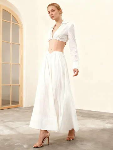 Women's Sexy White Two Piece Set Deep V-neck Long Sleeve Crop Top And High Waist Pleated Large Swing Maxi Skirt Outfit