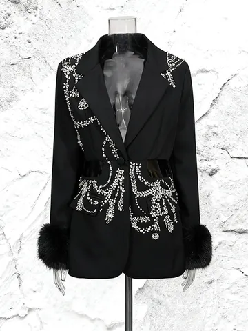 Women Heavy Industry Rhinestone Cut-out Blazer Elegant One Button Faux Fur Trim Suit Jacket Luxury Socialite Style Top