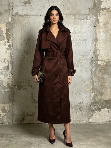 Women Elegant Polyester Solid Color Mid-Length Trench Coat With Belt Lapel Long Sleeve Loose Fit Autumn Winter Outerwear Top