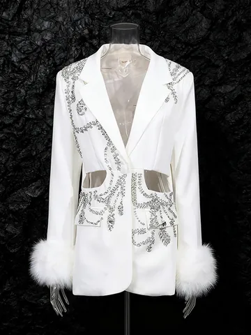 Women Heavy Industry Rhinestone Cut-out Blazer Elegant One Button Faux Fur Trim Suit Jacket Luxury Socialite Style Top