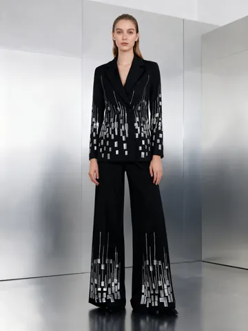 French Elegant Sequin Lapel Blazer Top And Bottom High Waist Straight Pants Polyester Formal Spring Office Women Fashion Outfit