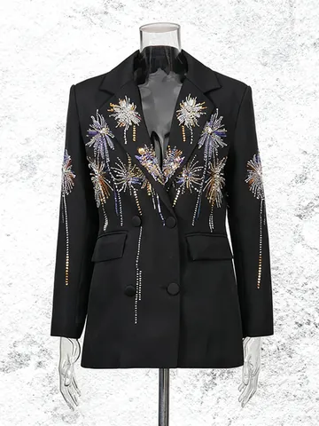 Women's Fashion Heavywork Sequin Blazer Fireworks Pattern V-Neck Double Breasted Suit Jacket Streetwear Party Outerwear