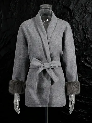 Franse Zachte Stijl Dames Wolmix Jas Elegant Met Bindceintuur En Manchetten Van Imitatiebont Effen Kleur Revers Jack