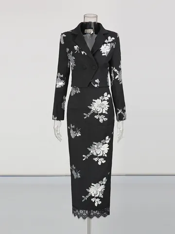 Elegant Sequin Floral Women Top And Bottom Set Short Lapel Blazer And High Waist Lace Patchwork Maxi Skirt Banquet Outfit