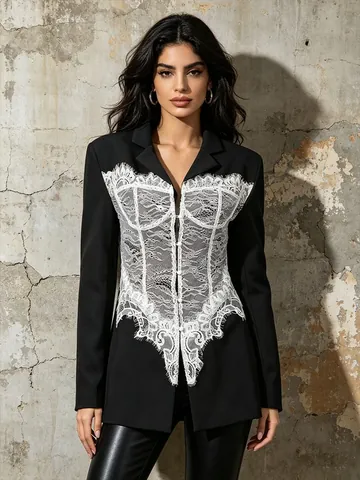 Women Lace Patchwork Blazer Slim Fit Long Sleeve V Neck Button Contrast Office Suit Outerwear Business Casual Jacket Top