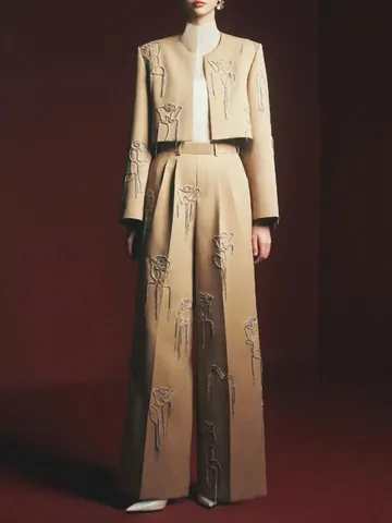 Elegante Completo Cachi con Strass da Donna Sopra E Sotto Lavoro Pesante Tinta Unita Giacca Vita Alta Pantaloni a Gamba Larga Banchetto Abbigliamento