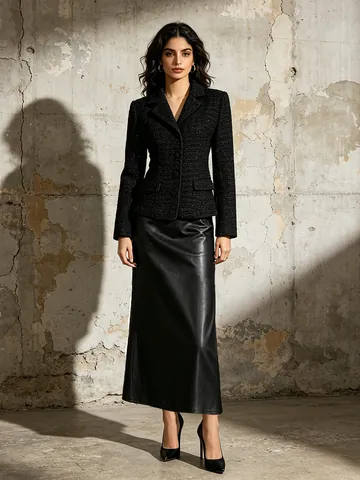Elegant Women Little Fragrance Black Suit Set Slim Waist Long Sleeve Lapel Jacket And High Waist Hip Long Skirt Co-ords