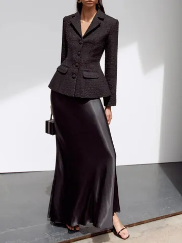 Elegant Women Little Fragrance Black Suit Set Slim Waist Long Sleeve Lapel Jacket And High Waist Hip Long Skirt Co-ords