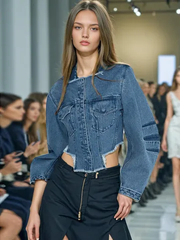 Women Vintage Distressed Denim Jacket Short Crop Top Slim Fit Washed Blue Jean Coat Raw Hem Long Sleeve Streetwear Outwear