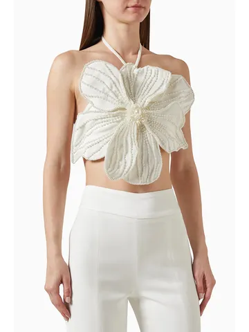 Women Sexy 3D Flower Bandeau Top Beaded Halter Neck Lace Up Slim Fit Sleeveless Polyester Artificial Pearl Party Crop Top