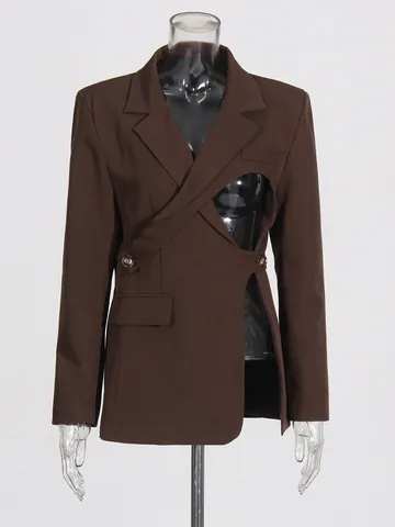 Blazer da Donna in Stile Britannico Con Ritaglio Irregolare Collo a Giacca Sophisticated Slim Fit Top Capispalla Caffè Poliestere Moda