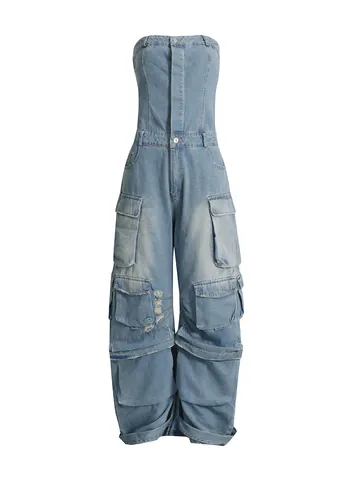 Women Strapless Tube Top Cargo Denim Jumpsuit Multi Pocket Wide Leg Slim Fit Streetwear Washed Denim One Piece Outfit