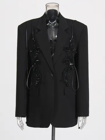 Women Oversized Polyester Blazer Jacket Single Button Long Sleeve Outerwear With 3D Sequin Bow Elegant Fashion Suit Coat