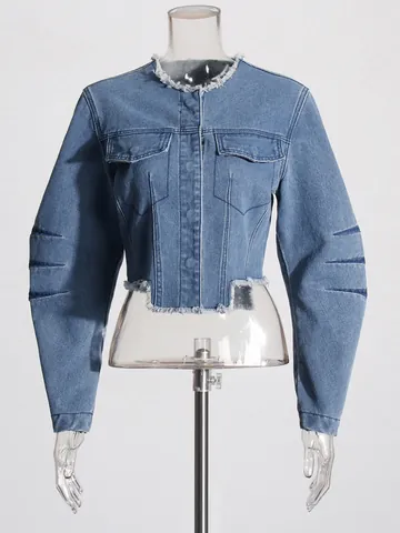 Women Vintage Distressed Denim Jacket Short Crop Top Slim Fit Washed Blue Jean Coat Raw Hem Long Sleeve Streetwear Outwear