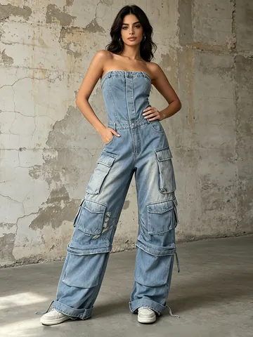 Women Strapless Tube Top Cargo Denim Jumpsuit Multi Pocket Wide Leg Slim Fit Streetwear Washed Denim One Piece Outfit