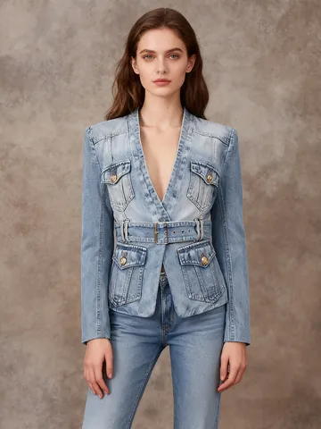 Women Distressed Denim Blazer Jacket Washed Blue Long Sleeve With Belt Retro Lion Buttons Fashion Streetwear Outerwear Top
