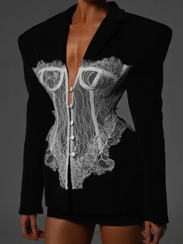 Elegant Lace Patchwork Boned Corset Waist Blazer For Women V-Neck Long Sleeve Slim Fit Celebrity Style Plain Suit Jacket