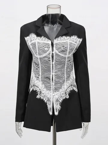 Elegant Lace Patchwork Boned Corset Waist Blazer For Women V-Neck Long Sleeve Slim Fit Celebrity Style Plain Suit Jacket