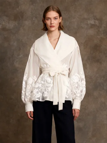 French Elegant Floral Printed Women Organza Blouse Cotton Polyester Lantern Sleeve Tie Waist Large Lapel Retro Elegant Top