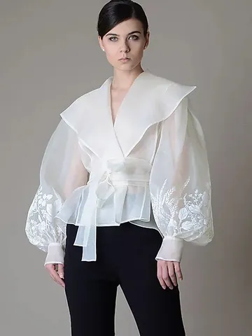 French Elegant Floral Printed Women Organza Blouse Cotton Polyester Lantern Sleeve Tie Waist Large Lapel Retro Elegant Top
