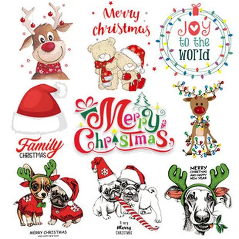 Christmas Heat Transfer Stickers Iron On Patches For Clothes T-Shirt DIY Cartoon Reindeer Gnomes Festive Applique Decoration