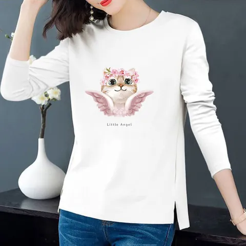 Cartoon Angel Cat Heat Transfer Patch DIY Kitten With Flower Crown Wings Iron On Sticker For Clothing T-Shirt Decorative Applique