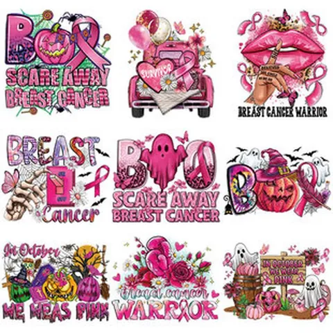 Pink Ribbon Halloween Heat Transfer Patches For DIY Clothing Iron On Stickers Pink Gnomes Pumpkin Leopard Print Patches For T-Shirt Canvas Bag Decor