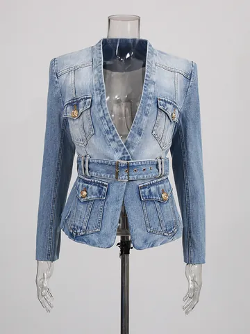 Women Distressed Denim Blazer Jacket Washed Blue Long Sleeve With Belt Retro Lion Buttons Fashion Streetwear Outerwear Top