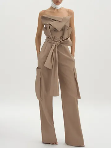 French Elegant Strapless Jumpsuit For Women Khaki Tie Waist Wide Leg Cargo Pocket Cotton Blend Double Breasted One Piece