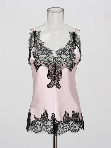 Women French Sexy Satin Cami Top V Neck Lace Patchwork Sleeveless Tank Top Solid Color Slim Fit Polyester Camisole For Summer